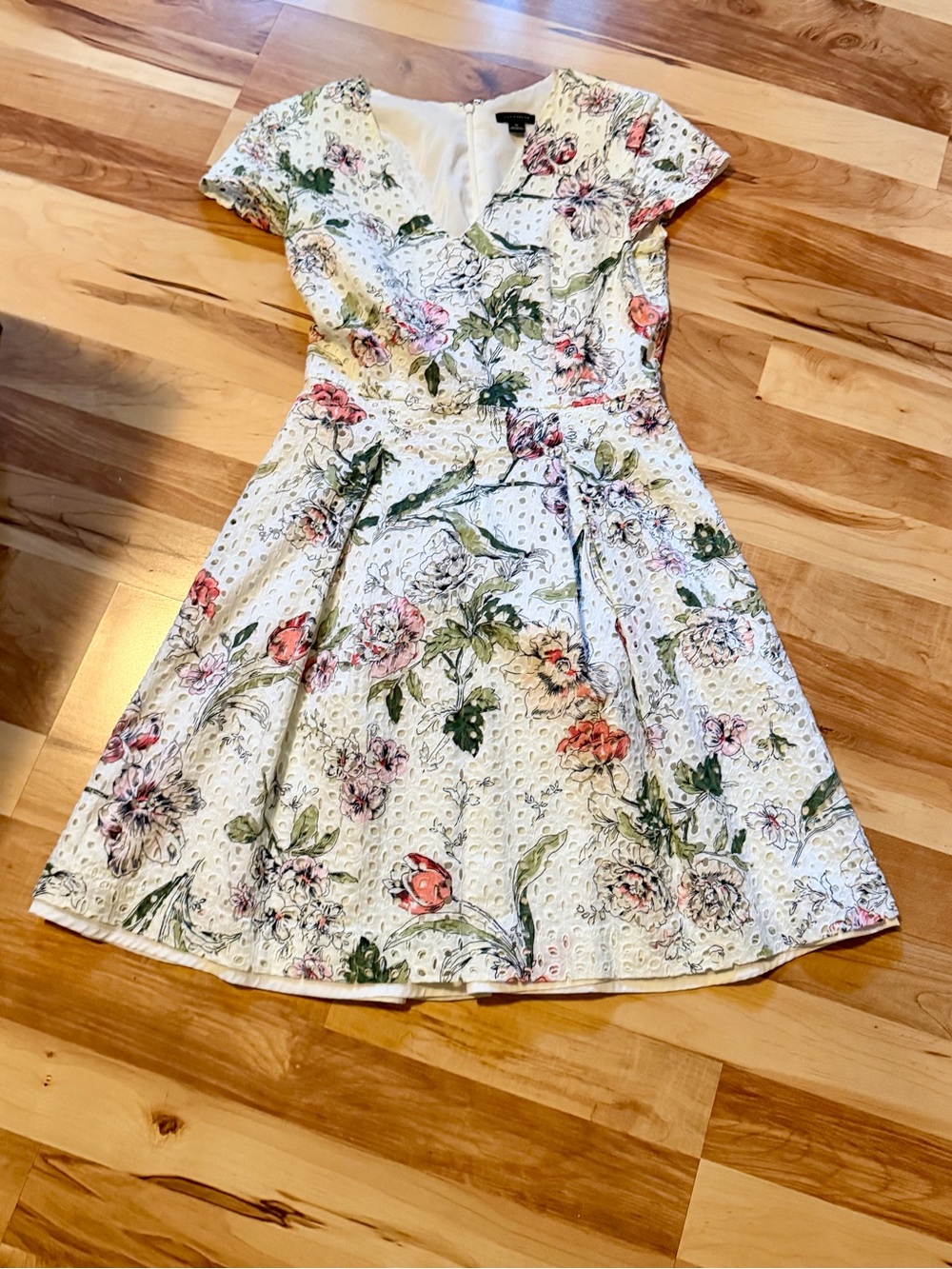 Eyelet Floral Fit & Flare Mini Dress - White with Pink & Green Bloom